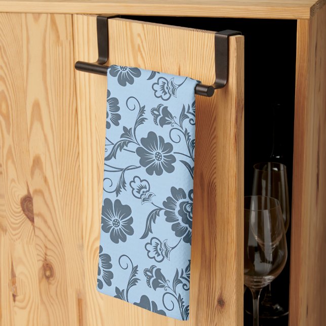 Elegant Floral Pattern on Light Blue Back Kitchen Towel (Thirds Fold)