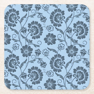 Elegant Floral Pattern on Light Blue Back Square Paper Coaster