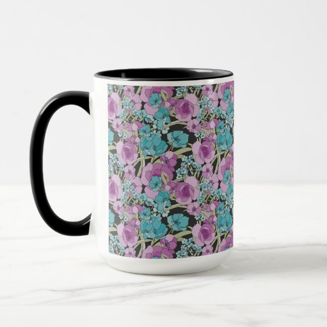 Elegant Floral Pattern Pink Purple Black Backgroun Mug (Left)