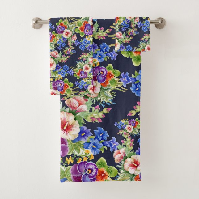 Elegant Floral Pattern Pink Yellow Blue Foliage Bath Towel Set (Insitu)