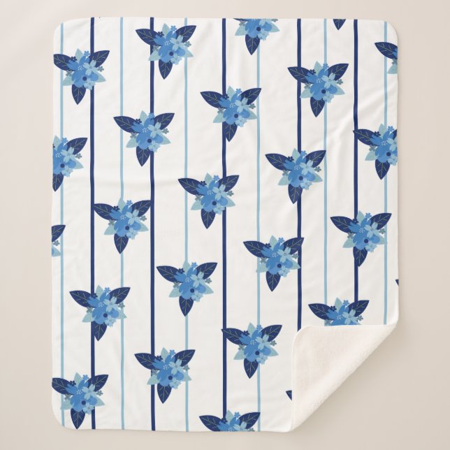 Elegant floral pattern stripe monochromatic blue sherpa blanket (Front)