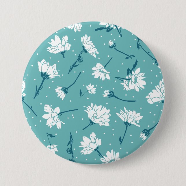 Elegant Floral Pattern - Teal & White Botanical 3 Inch Round Button (Front)