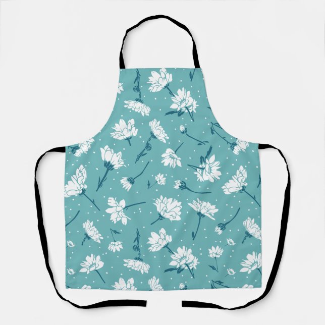 Elegant Floral Pattern - Teal & White Botanical Apron (Front)