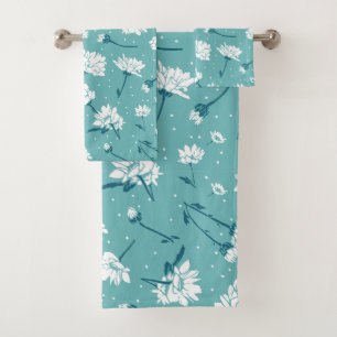 Elegant Floral Pattern - Teal & White Botanical Bath Towel Set