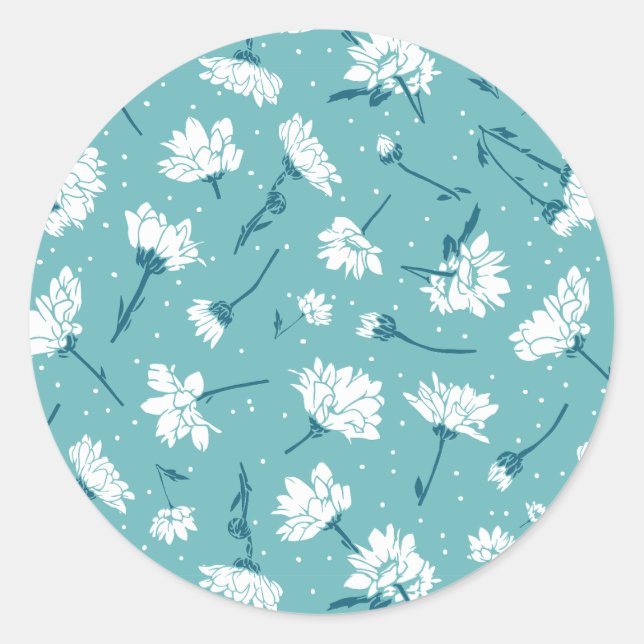 Elegant Floral Pattern - Teal & White Botanical Classic Round Sticker (Front)