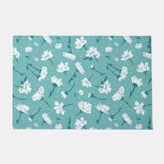 Elegant Floral Pattern - Teal & White Botanical Doormat (Front)