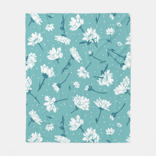 Elegant Floral Pattern - Teal & White Botanical Fleece Blanket