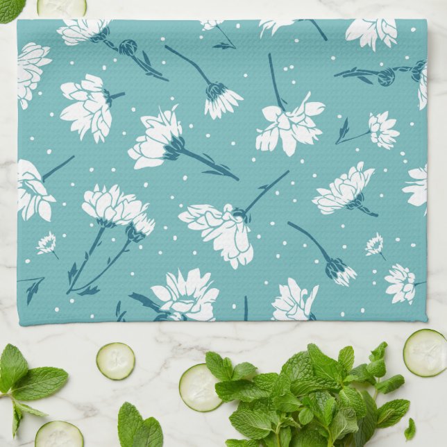 Elegant Floral Pattern - Teal & White Botanical Kitchen Towel (Folded)