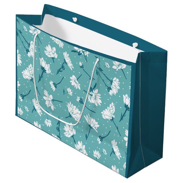 Elegant Floral Pattern - Teal & White Botanical Large Gift Bag (Front Angled)