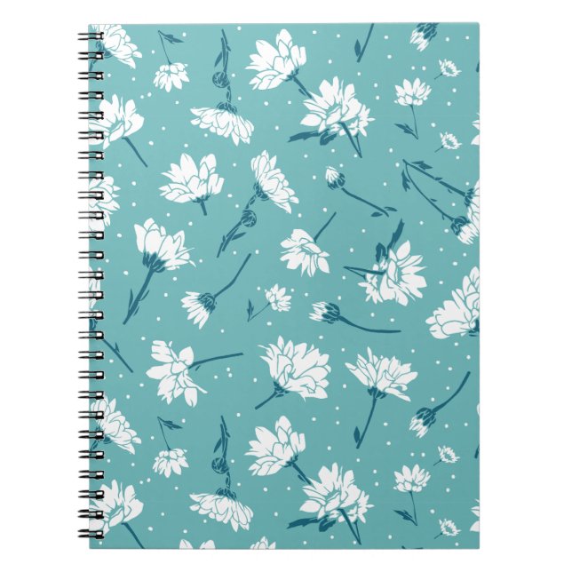 Elegant Floral Pattern - Teal & White Botanical Notebook (Front)