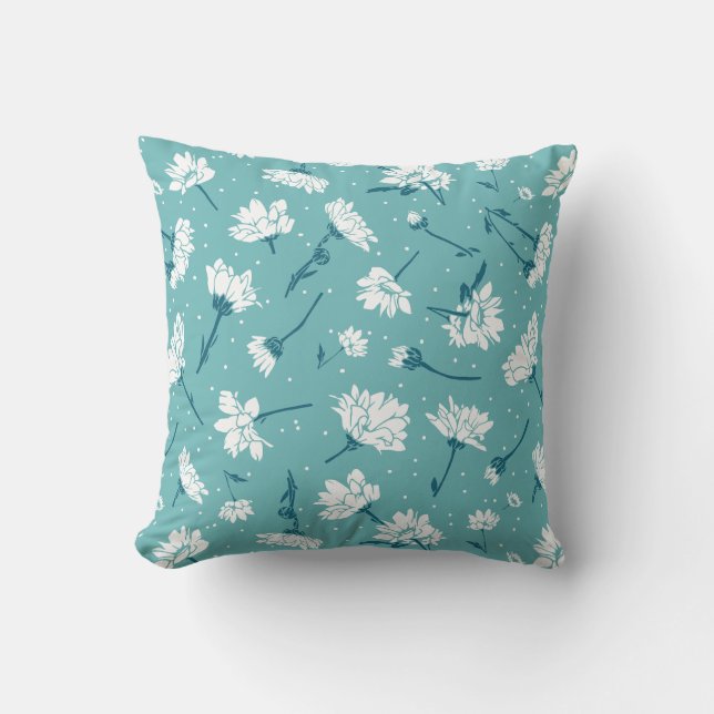 Elegant Floral Pattern - Teal & White Botanical Throw Pillow (Front)