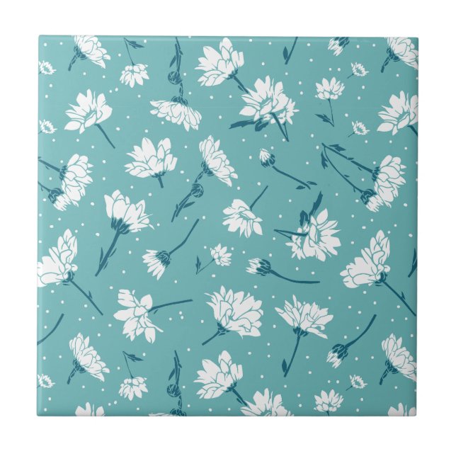 Elegant Floral Pattern - Teal & White Botanical Tile (Front)