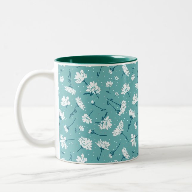 Elegant Floral Pattern - Teal & White Botanical Two-Tone Coffee Mug (Left)