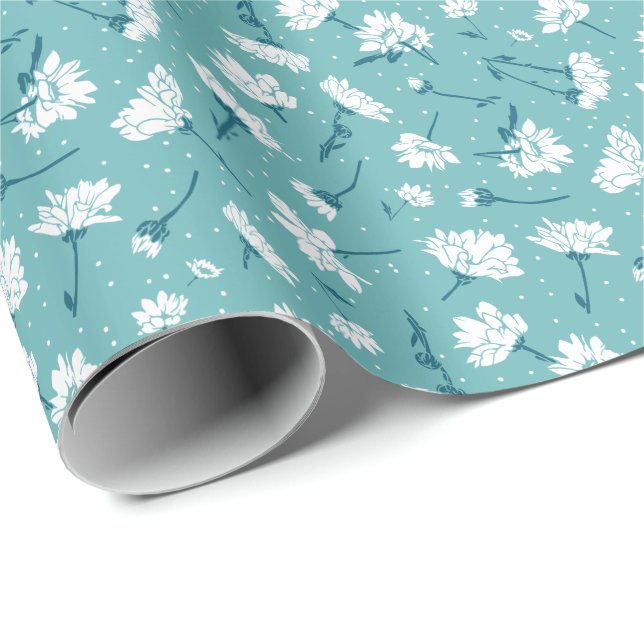 Elegant Floral Pattern - Teal & White Botanical Wrapping Paper (Roll Corner)