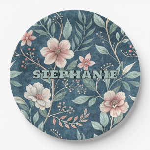 Elegant Floral Pattern with Pink & Cream Blossoms Paper Plate