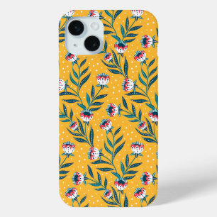 Elegant Floral Pattern with Red and Blue Leaves Ca iPhone 15 Mini Case