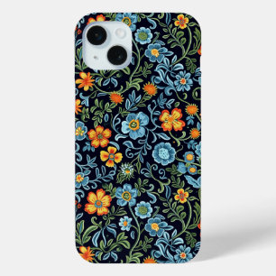 Elegant Floral Pattern with Red and Blue Leaves Ca iPhone 15 Mini Case