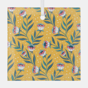 Elegant Floral Pattern with Red and Blue Leaves Gl Glass Ornament