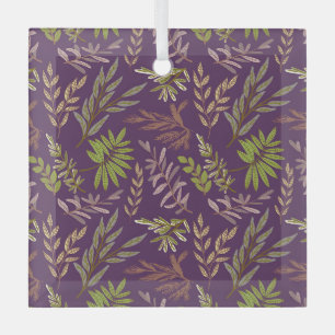 Elegant Floral Pattern with Red and Blue Leaves Gl Glass Ornament