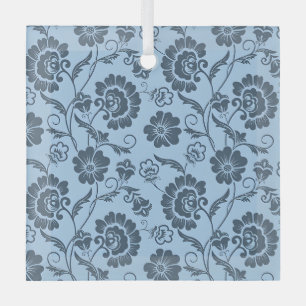 Elegant Floral Pattern with Red and Blue Leaves Gl Glass Ornament