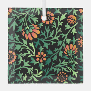 Elegant Floral Pattern with Red and Blue Leaves Gl Glass Ornament