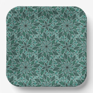 Elegant Floral Pattern with Red and Blue Leaves Pa Paper Plate