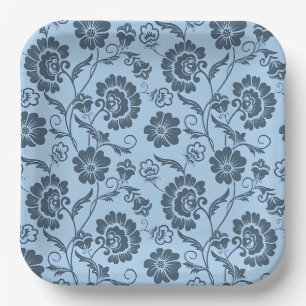 Elegant Floral Pattern with Red and Blue Leaves Pa Paper Plate