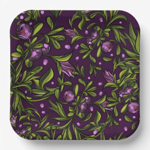 Elegant Floral Pattern with Red and Blue Leaves Pa Paper Plate