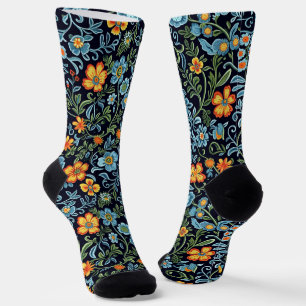 Elegant Floral Pattern with Red and Blue Leaves So Socks