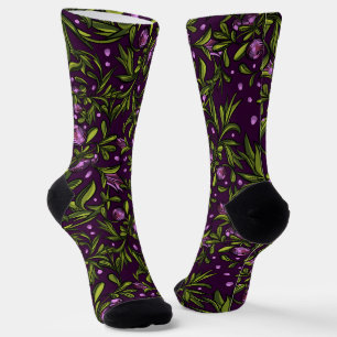 Elegant Floral Pattern with Red and Blue Leaves So Socks