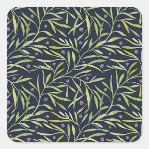 Elegant Floral Pattern with Red and Blue Leaves Sq Square Sticker