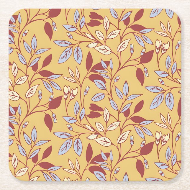 Elegant Floral Pattern with Red and Blue Leaves Square Paper Coaster (Front)