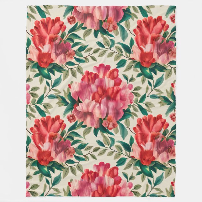 Elegant Floral Pattern with Red and Pink Flowers  Fleece Blanket (Front)