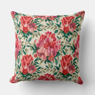 Elegant Floral Pattern with Red and Pink Flowers Throw Pillow