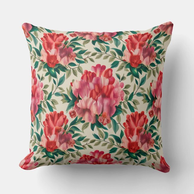 Elegant Floral Pattern with Red and Pink Flowers  Throw Pillow (Front)