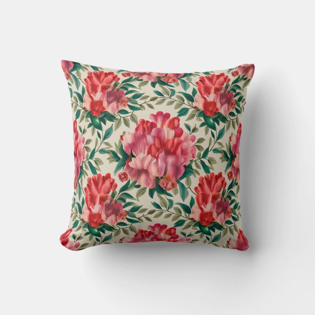 Elegant Floral Pattern with Red and Pink Flowers  Throw Pillow (Front)