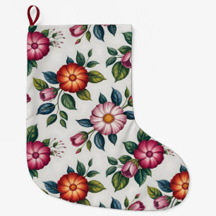 Elegant Floral Pattern with Roses and Daisies Large Christmas Stocking
