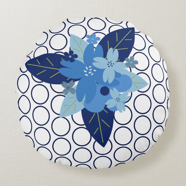 Elegant Floral Patterned Blue Monochromatic Design Round Pillow (Front)