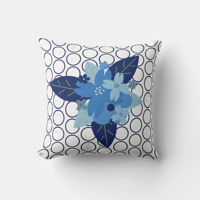 Elegant Floral Patterned Blue Monochromatic Design Throw Pillow (Front)