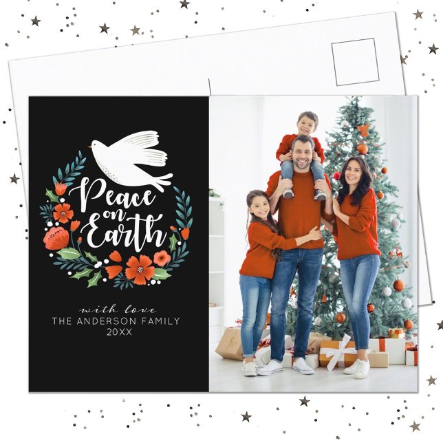 Elegant Floral Peace on Earth Merry Christmas Holiday Postcard (An elegant Christmas photo card with the words, Peace on Earth.)