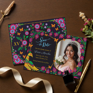 Elegant Floral Peacock Folk Art Fiesta Quinceanera Save The Date