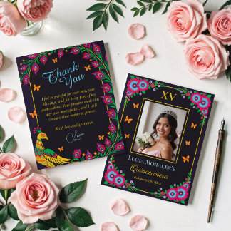 Elegant Floral Peacock Folk Art Fiesta Quinceanera Thank You Card