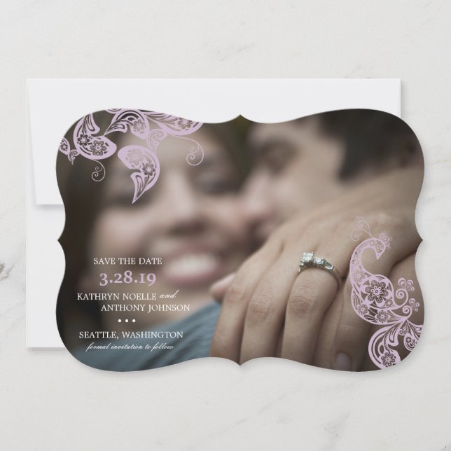 Elegant Floral Peacock Purple Photo Save The Date (Front)