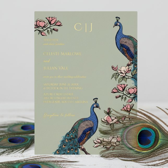 Elegant Floral Peacock Wedding (Elegant Sage Green Wedding Invitations. Trendy Floral Blue Peacock, Teal Feathers, Magnolia Flowers)