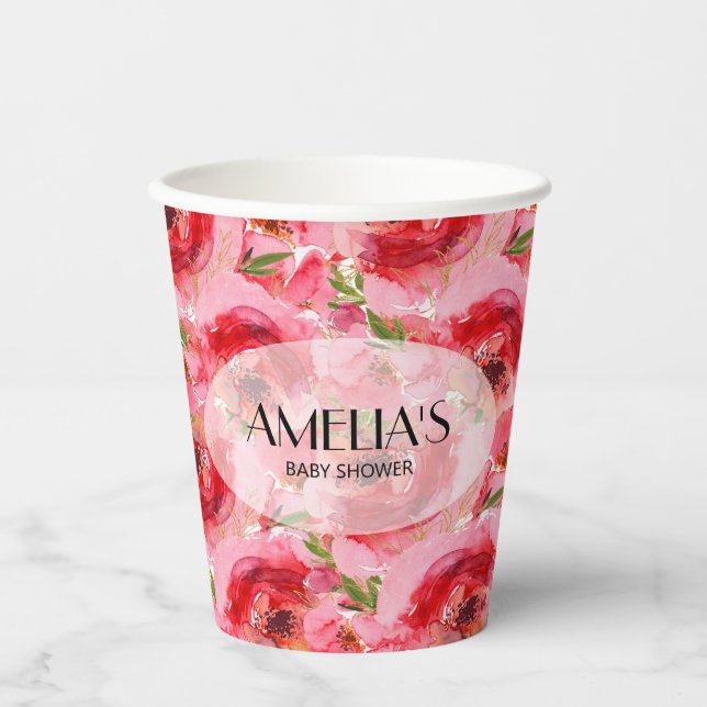 Elegant Floral Peonies Baby Shower Paper Cups (Front)