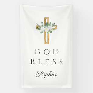 Elegant Floral Peonies Cross Religious God Bless Banner