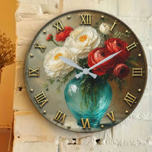 Elegant Floral Peonies Red Ranunculus Turquoise Large Clock