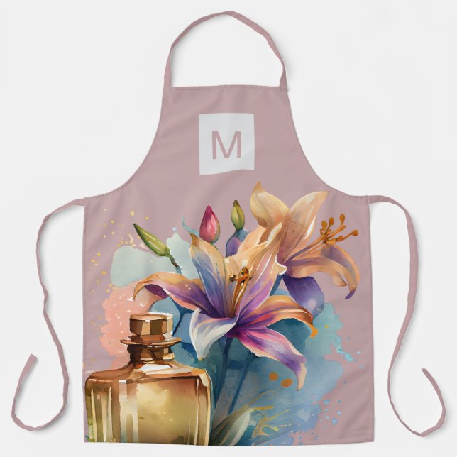Elegant Floral Perfume Bottle Dusty Rose Kitchen  Apron (Front)
