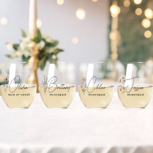 Elegant Floral Personalized Bridesmaid Proposal Stemless Wine Glass