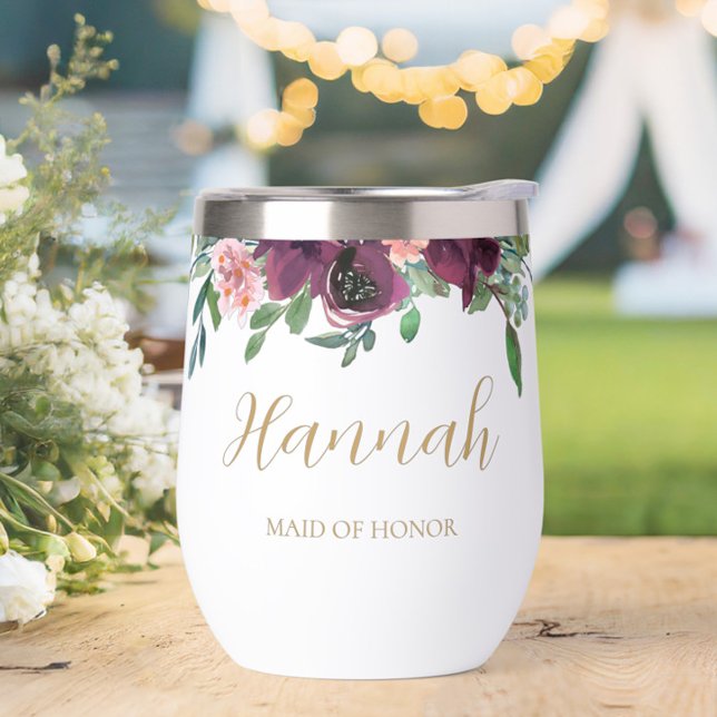 Elegant Floral Personalized Maid of Honour (Personalized Elegant Floral Maid of Honor Wine Tumbler- The perfect gift to say thank you!)